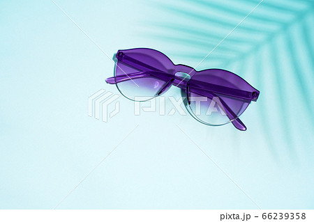 Blue sunglasses on blue background and palm leaf shadow Blue sunglasses on blue background and palm leaf shadow 66239358