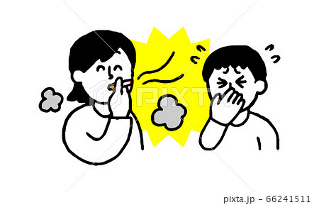 タバコを吸う私服女性と煙たがる私服男性（シンプル） 66241511