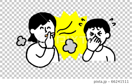 タバコを吸う私服女性と煙たがる私服男性（シンプル） 66241511