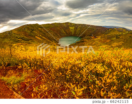 Volcanic crater Kerid with blue lake inside, Iceland tourist attraction 66242115