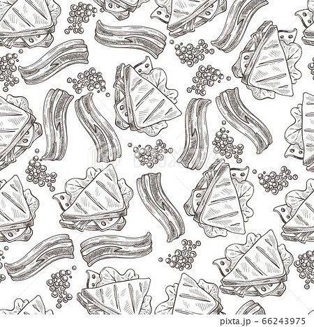 Sandwich with vegetables, bacon food monochrome seamless pattern Sandwich with vegetables, bacon food monochrome seamless pattern 66243975