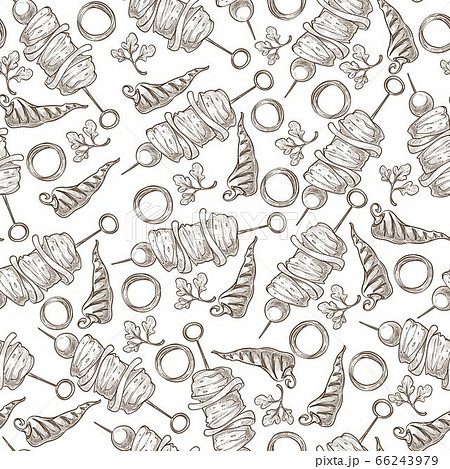 Grilled meat and onion rings, skewers food seamless pattern Grilled meat and onion rings, skewers food seamless pattern 66243979
