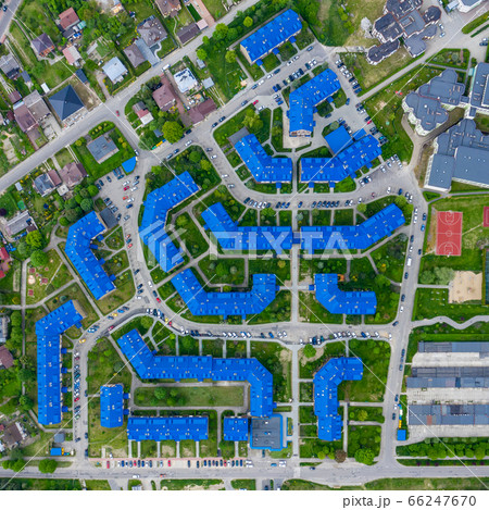 Aerial view of the housing estate with blue roofs. 66247670
