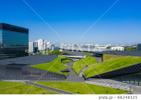 Katowice city center architecture. Aerial view of green grass terraces. Upper Silesia, Poland. 66248335