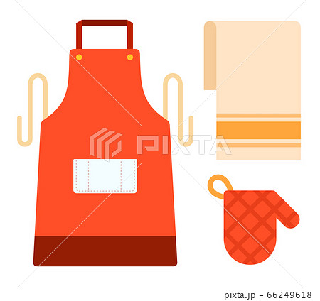 Apron, kitchen towel and potholder for hot dishes vector flat isolated Apron, kitchen towel and potholder for hot dishes vector flat isolated 66249618