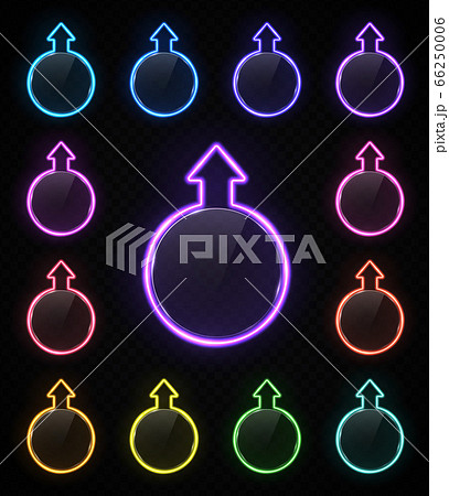 Glowing colorful neon arrow signs set isolated on transparent background. Shining glowing neon effect. Circle direction pointer with wires, tubes, glossy round glass texture plate. Vector illustration Glowing colorful neon arrow signs set isolated on transparent background. Shining glowing neon effect. Circle direction pointer with wires, tubes, glossy round glass texture plate. Vector illustration 66250006