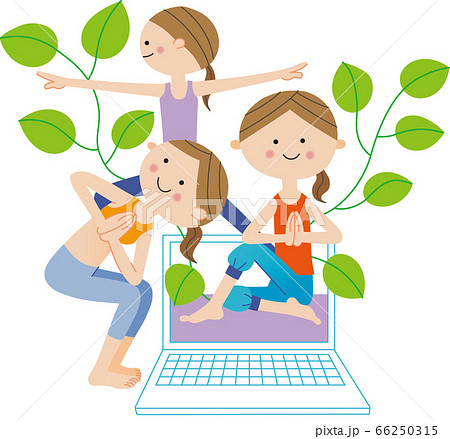 オンラインヨガをする女性とノートパソコンと植物の葉 66250315