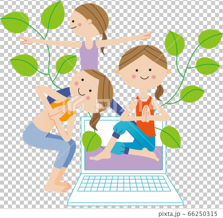 オンラインヨガをする女性とノートパソコンと植物の葉 66250315