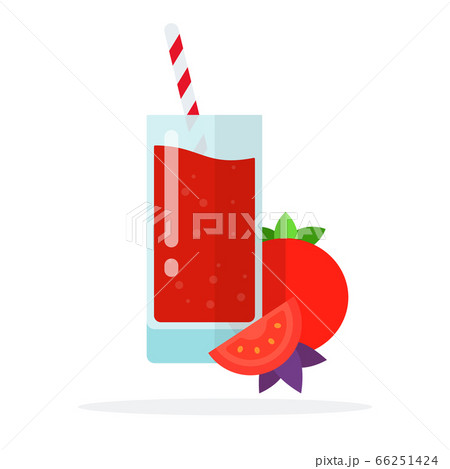 Tomato juice in a glass, a slice of a tomato and a whole tomato flat isolated 66251424