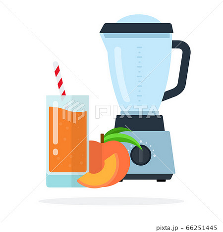 Blender, peach juice in a glass with straws, peach and a slice of peach vector flat isolated 66251445