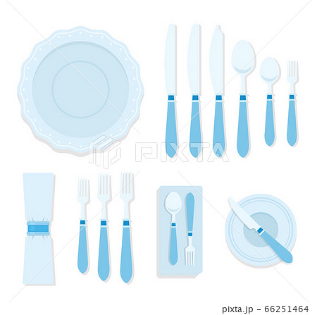 Cutlery for table serving. Table knives, forks and spoons, plate, tissue table-napkin flat isolated 66251464