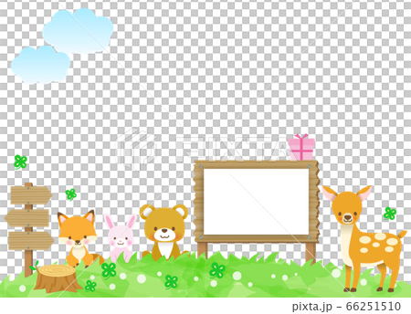 かわいい動物達の集合 フレーム 背景あり 鹿 狐 うさぎ くまの子どものイラスト素材