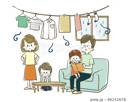部屋干しが気になる家族のイラスト素材