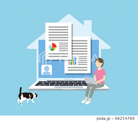 自宅で猫とテレワークをする女性 66254769