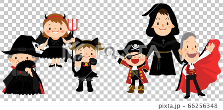 ハロウィンのコスプレをした6人家族のイラスト素材 ハロウィンのコスプレをした6人家族のイラスト素材