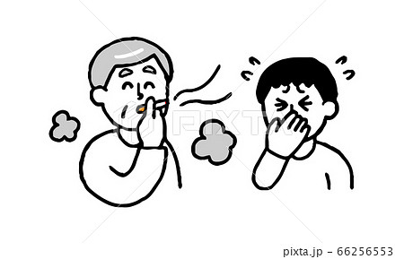 タバコを吸うシニア男性と煙とにおいを嫌がる私服男性 シンプル のイラスト素材