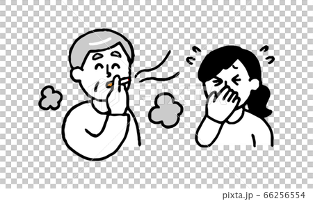 A senior man who smokes a cigarette and a woman who dislikes smoke and smells (simple) A senior man who smokes a cigarette and a woman who dislikes smoke and smells (simple) 66256554