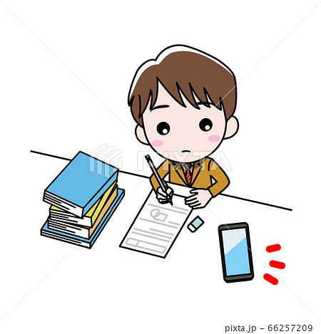 机に向かって勉強している男の子がスマホを気にしているのイラスト素材 机に向かって勉強している男の子がスマホを気にしているのイラスト素材