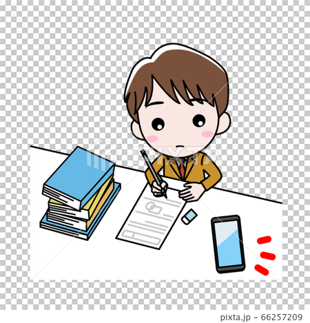 机に向かって勉強している男の子がスマホを気にしているのイラスト素材