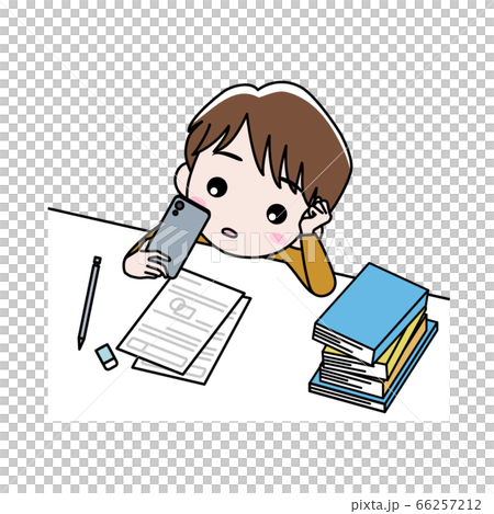 頬杖をついてだらしなくスマホを見ている男の子のイラスト素材