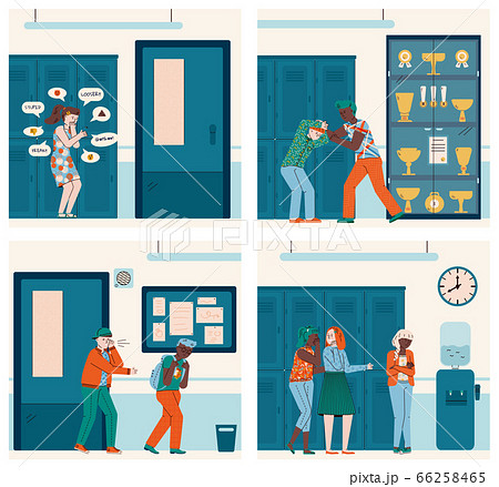 Set of bullying scenes among school children flat vector illustration isolated. 66258465
