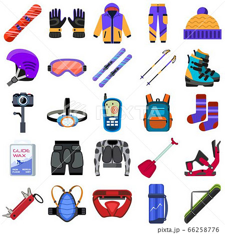 Snowboarding equipment icons set, flat style Snowboarding equipment icons set, flat style 66258776