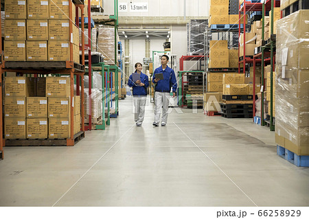 物流倉庫で商品管理をする作業員男女 66258929