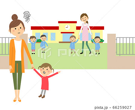 保育園に行きたがる待機児童とお母さん 66259027