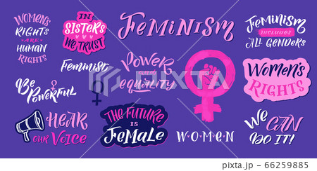 Feminism vector quote and icon set. Hand lettering quotes. Feminist sticker elements Feminism vector quote and icon set. Hand lettering quotes. Feminist sticker elements 66259885