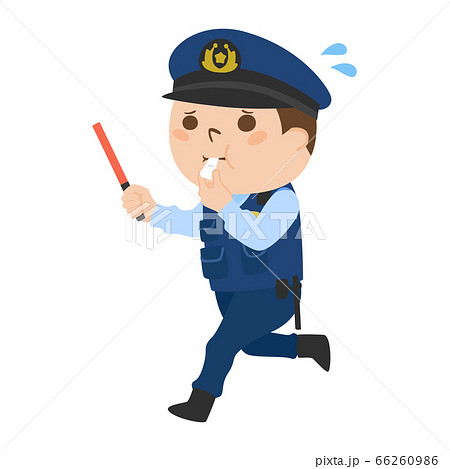 焦ってる男性警察官のイラスト 赤い誘導棒と警笛を持って走っている のイラスト素材