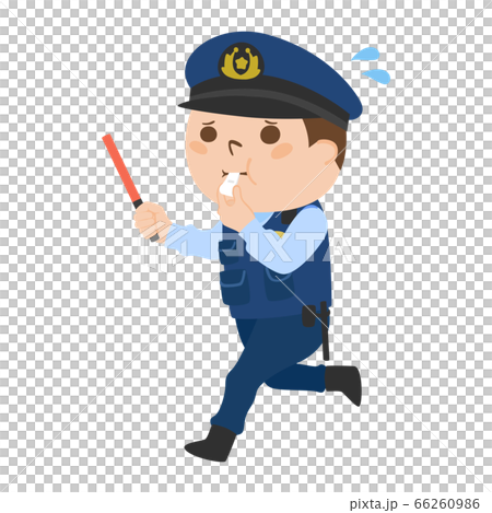 焦ってる男性警察官のイラスト。赤い誘導棒と警笛を持って走っている。 66260986