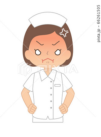 腰に手を当て顔を赤くして怒る看護師 66261505