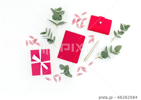 Red notebook, gift box, pen and clips with eucalyptus on white background. Flat lay. 66262084
