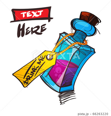 A glass vial with a pink liquid is a sketch of the logo. Element for infographics in the hand drawing style 66263220