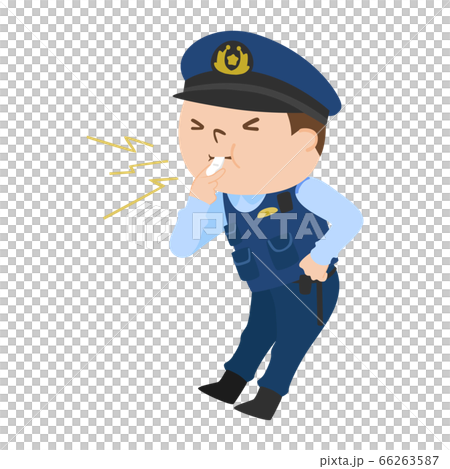 笛を強く吹いてる男性警察官のイラスト のイラスト素材