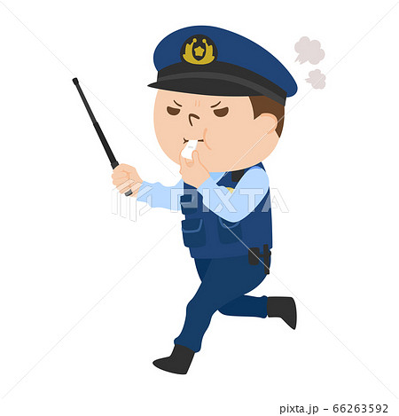 警棒と笛を持って走っている 怒ってる男性警察官のイラスト のイラスト素材