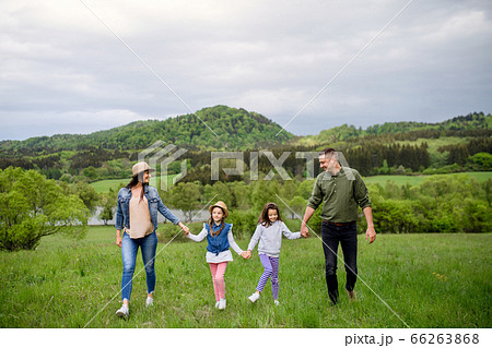 Happy family with two small daughters walking outdoors in spring nature. Happy family with two small daughters walking outdoors in spring nature. 66263868