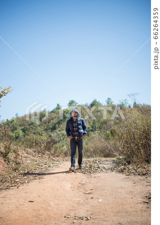 Hiker with backpack walking through forest 66264359