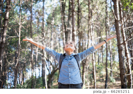 Young hipster happy woman enjoy nature in forest Young hipster happy woman enjoy nature in forest 66265251