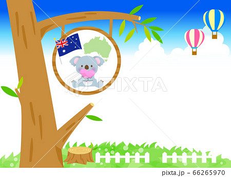 オーストラリアの国旗と地図 ハートを持ったかわいいコアラの看板 青空の背景のイラスト素材