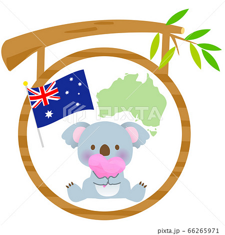オーストラリアの国旗と地図 ハートを持ったかわいいコアラの看板のイラスト素材 66265971 Pixta