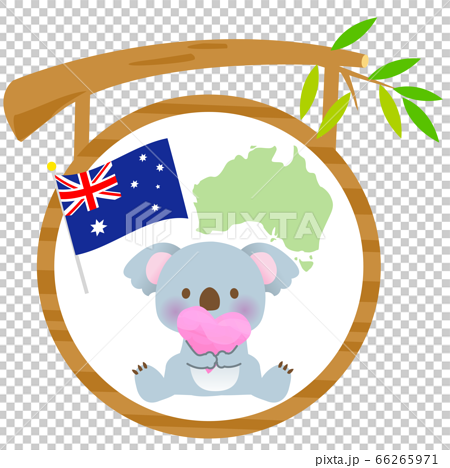 オーストラリアの国旗と地図 ハートを持ったかわいいコアラの看板のイラスト素材