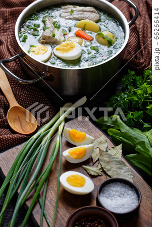 Polish sorrel soup with pork ribs and eggs 66266414