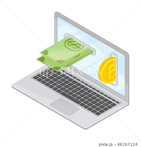 Laptop with Bitcoin Gold Coins and Dollar Banknotes as Exchange Scheme Vector Isometric Illustration 66267124