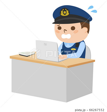 ノートパソコンを見て焦っている男性警察官のイラスト。 66267552