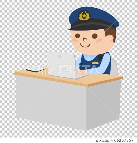 交番でノートパソコンを使って仕事をしてる男性警察官のイラスト のイラスト素材