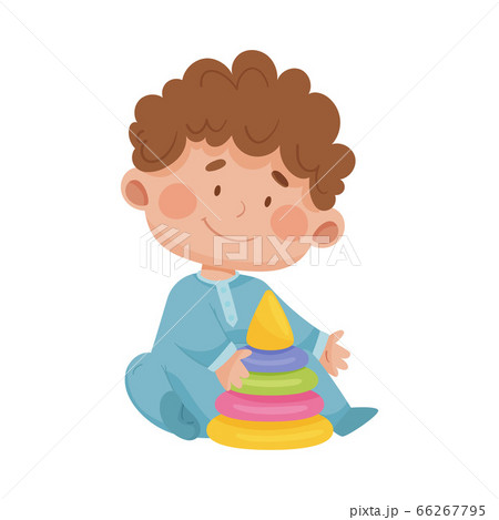 Baby Boy Sitting on the Floor with Pyramid Blocks Toy Vector Illustration Baby Boy Sitting on the Floor with Pyramid Blocks Toy Vector Illustration 66267795