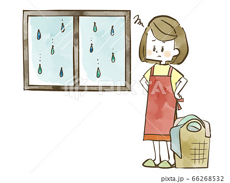 雨の日の洗濯に困っている女性 水彩のイラスト素材