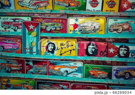 Traditional handcrafted vehicle registration plates like souvenirs for sale in La Havana, Cuba. 66269034