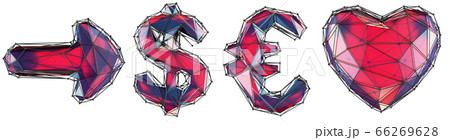 Symbol collection arrow, dollar, euro, heart made of red glass. Collection symbols of low poly style red color glass isolated on white background Symbol collection arrow, dollar, euro, heart made of red glass. Collection symbols of low poly style red color glass isolated on white background 66269628